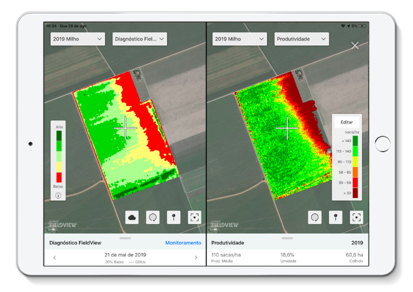 Plataforma FieldView: Mapa de monitoramento (imagem de satélite) x mapa de produtividade.